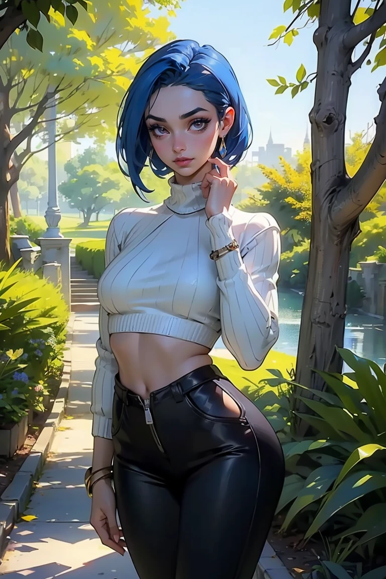 Goddess ((goddess-like woman)), slim elegant silhouette, masterpiece, (close angle), best quality, pale skin, fair skin, sweet face, (masterpiece:1,2, best quality), (real picture, intricate details), (1 lady , solo, medium , slim waistline, ), ((Jinx/LOL)), a woman short hair, dark blue hair, brown eyes, she has an impressive presence., short hair, bracelet, hoop earrings, jewelry, beautiful face, beautiful eyes, Side Pose, Side View, She is wearing a zipper Cropped sweater, hip-high pants and over-the-knee boots, the jewelry gives her overall appearance a touch of glamor. sweet smile, thigh gap, sweet irresistible smile, elegant pose, elegant hands, beautiful hands, perfect fingers, background: Park, a beautiful park, trees, walkway, flowers, bushes,