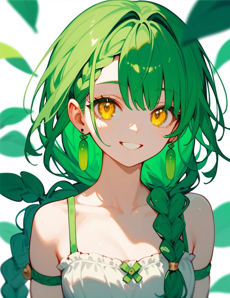 score_9_up,score_8_up,1girl, yellow eyes, twin braid, green hair, smile