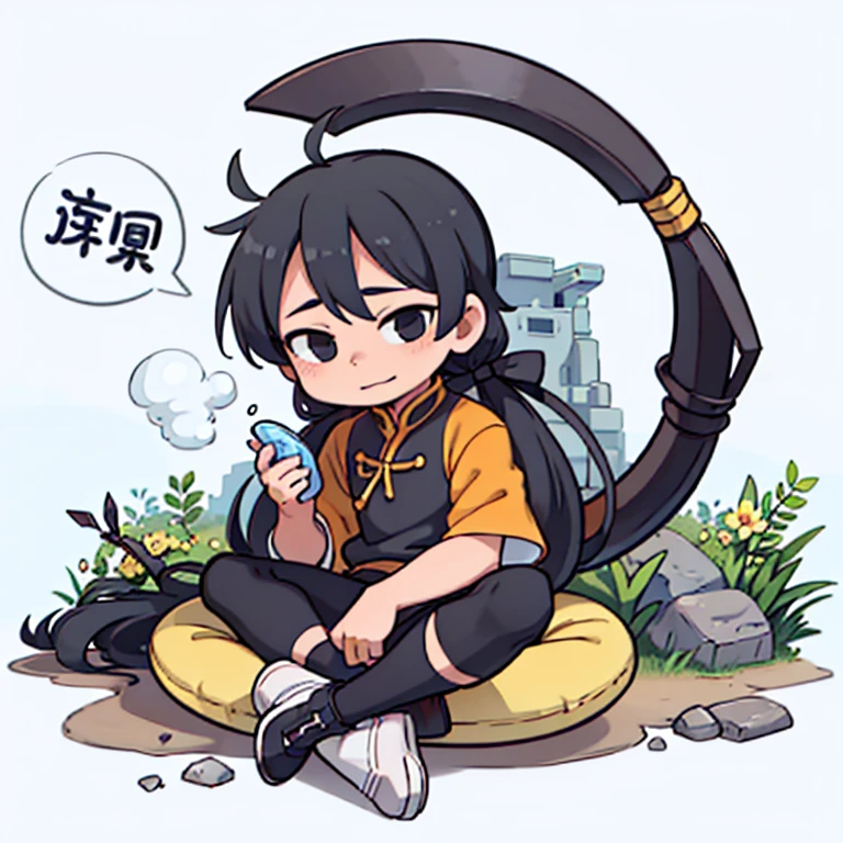 boy only、comic, chibi, cute, chill, Zen, Sit Cross-legged, Full Body，（Ancient Chinese clothes：1.2），with long black hair，Black eyes，boot, Homeless clothes，white background
