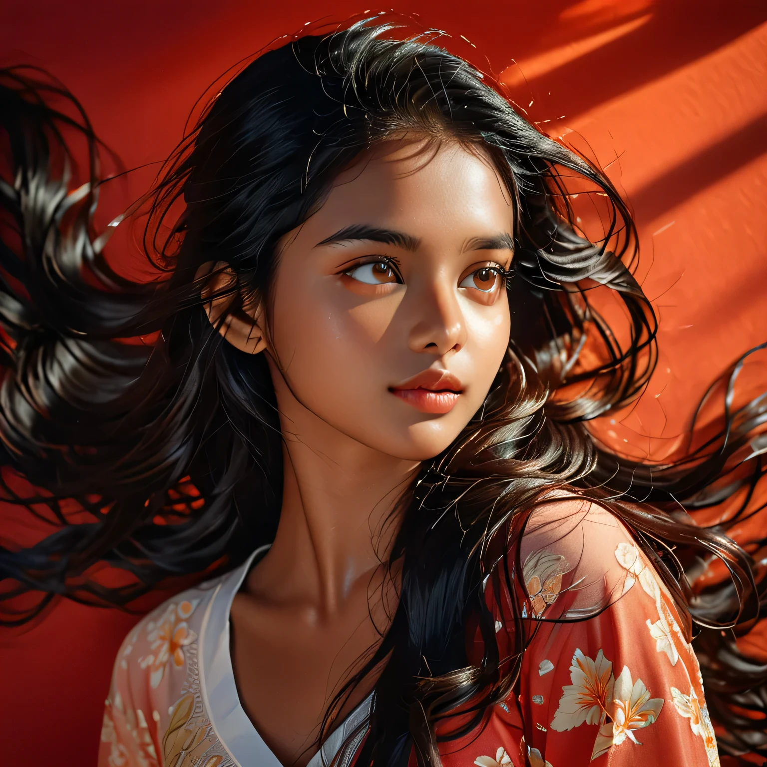 a 20 yo woman,long hair,dark theme,soothing tones,muted colors,high contrast,(natural skin texture, hyperrealism, soft light, sharp),red background,dark,sri lanka female