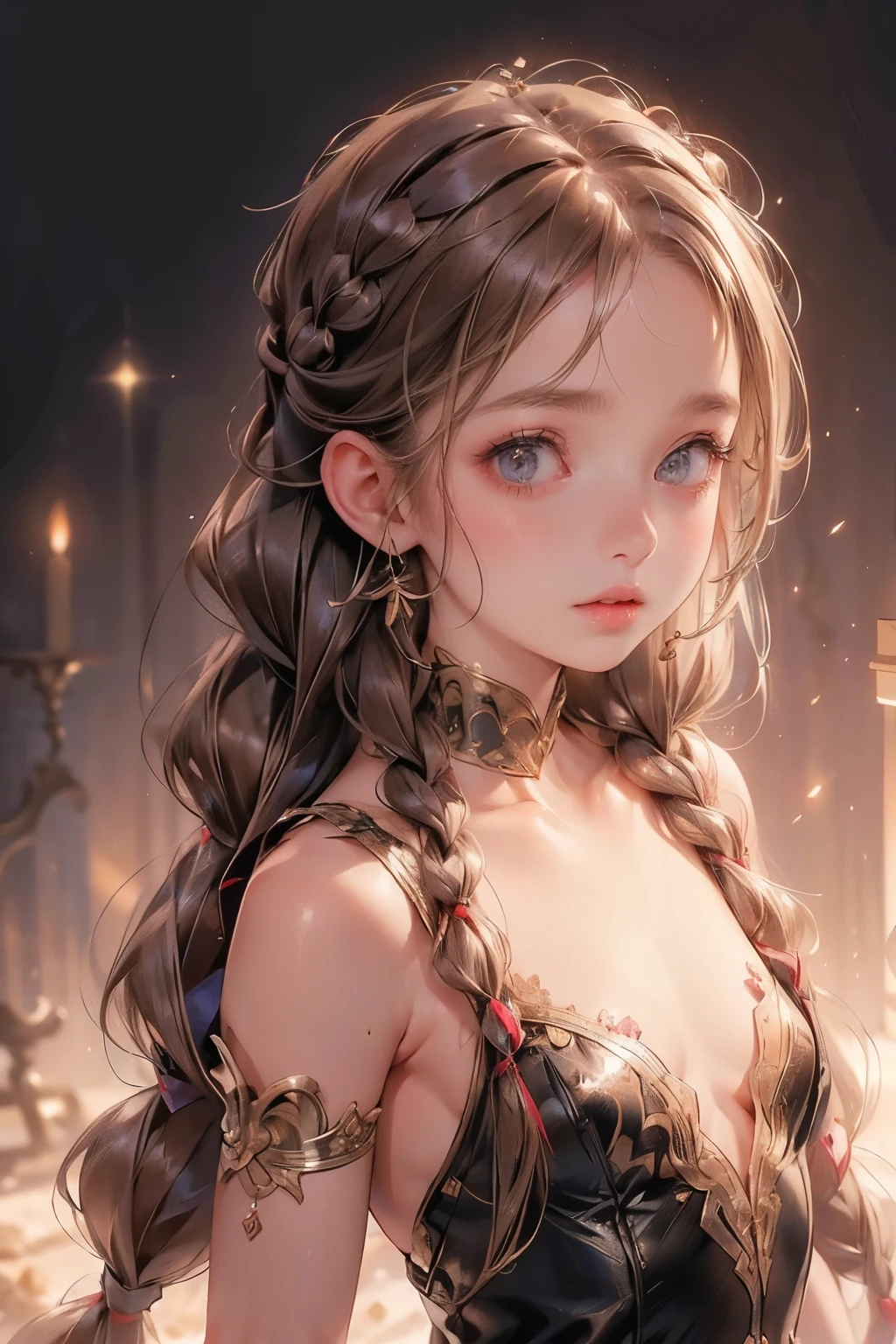 ((best quality)), ((masterpiece)), (detailed), 1girl, (big forhead:1.2),extremely detailed cute anime face, (((flat chest))), (flat chest:1.1),((((long twin braids,tight braids,long braid,braided hair,long hair)))),intricate eyes,beautiful detailed eyes,symmetrical eyes,(((detailed face))),beautiful detailed lips, dynamic pose, looking at this, resolved, resolute, highres,(best quality),(ultra detailed,extremely detailed),perfect face details, ((masterpiece:1.4, best quality))+, (ultra detailed)+, long twintails, cute girl, (flat chest:1.1), small breasts, slim body, skinny, prominent collarbones, skinny arms, flat stomach, visible hip bones, long hair, red hair, white hair, blonde hair, dark hair, ponytail, thick ponytail, heavy ponytail, small breasts, perfect face, small breasts (flat chest:1.1),  Detailed body，Full limbs, (flat chest:1.1), perfect face, a beaituful goddess valkyrie enshrined in armour, grand in scale and intricacy, Bloodborne inspired valkyrie, occult aesthetic, occult, detailed and intricate steampunk and detailed gothic, Very dramatic and cinematic lighting, cosmic horror, grim dark, Red and white with a sense of technology, side-lighting, NSFW, Depicting female characters from ethereal anime in a high-quality anime art style, gothic lolita, beautiful small breasts, full body, whole body, body