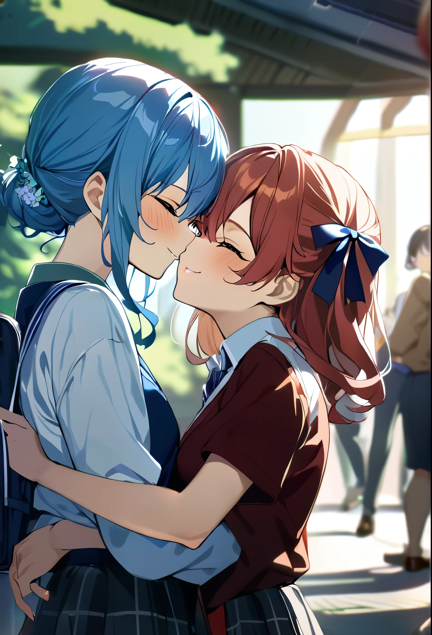 (((2girls))), together, two people, masterpiece, best quality, integrated scenery, integrated background, extremely delicate and beautiful, meticulous details, good composition, closed_eyes, cute face, perfect face, perfect hands, fingernails, sakura miko, SakuraMiko, HoshimachiSuisei, hoshimachi suisei, blurry background, sunlight, light blush, ((school)), upper body, looking each other, smile, , (hugging each other),in_school,sunlight,kissing,happiness,
