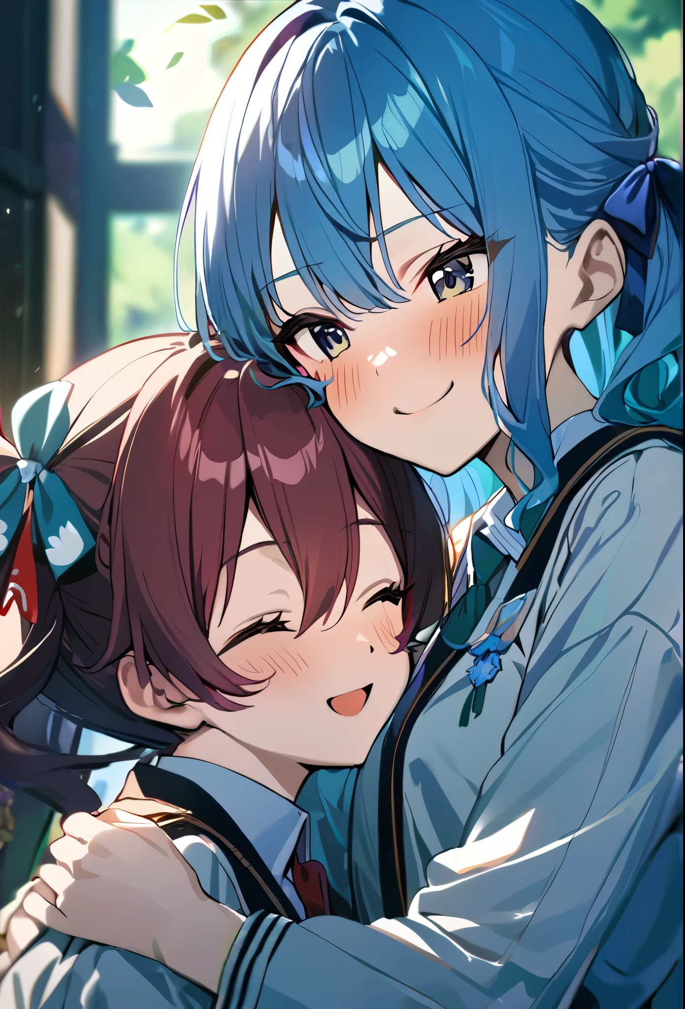 (((2girls))), together, two people, masterpiece, best quality, integrated scenery, integrated background, extremely delicate and beautiful, meticulous details, good composition, closed_eyes, cute face, perfect face, perfect hands, fingernails, sakura miko, SakuraMiko, HoshimachiSuisei, hoshimachi suisei, blurry background, sunlight, light blush, ((school)), upper body, looking each other, smile, , (hugging each other),in_school,sunlight,kissing,happiness,