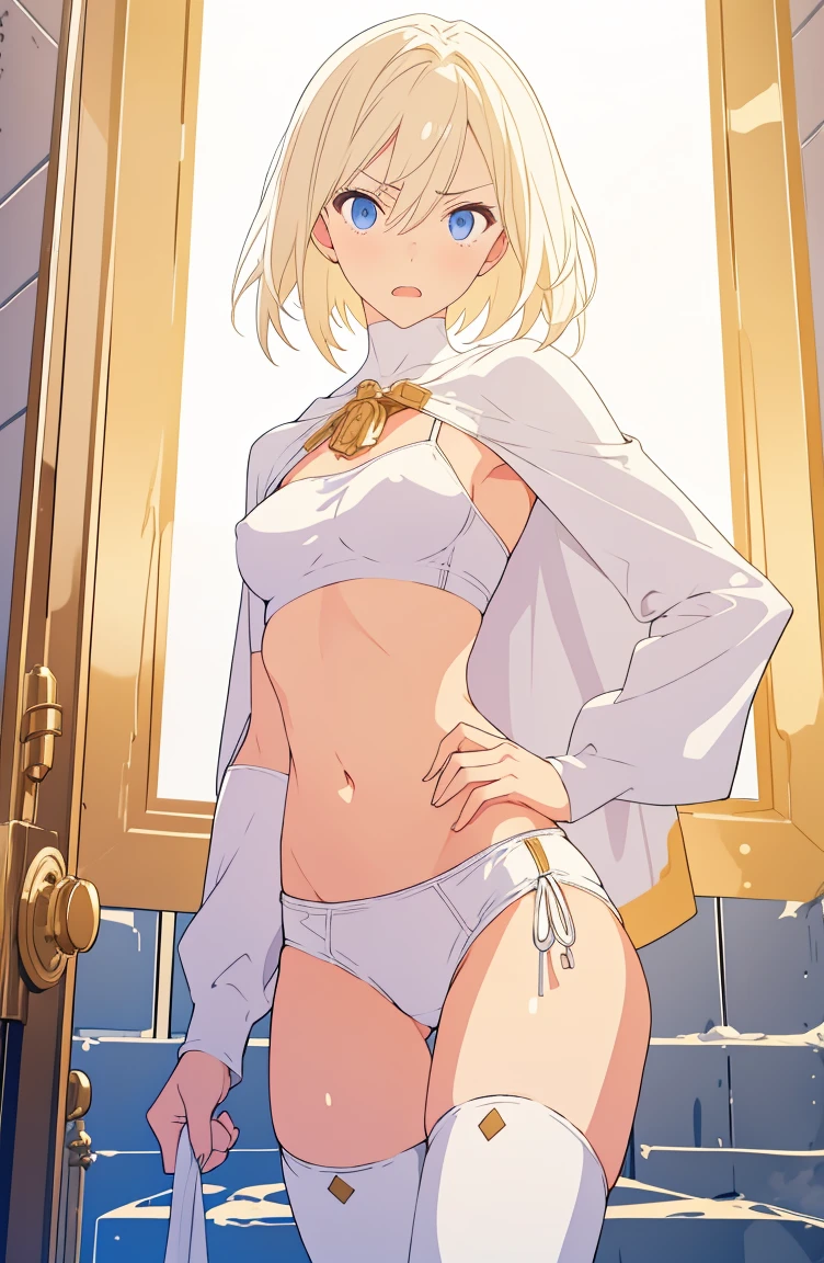 (masterpiece), Highest quality, Expressive eyes, Perfect Face, Skinny girl, small and taut breasts, Short blonde, White Cape, Tight white sports bra, Tight white low rise briefs, White boots, Hands on hips, In a prison cell, Clothes full of gold trim, Clothes full of metal tips, Angry expression on face
