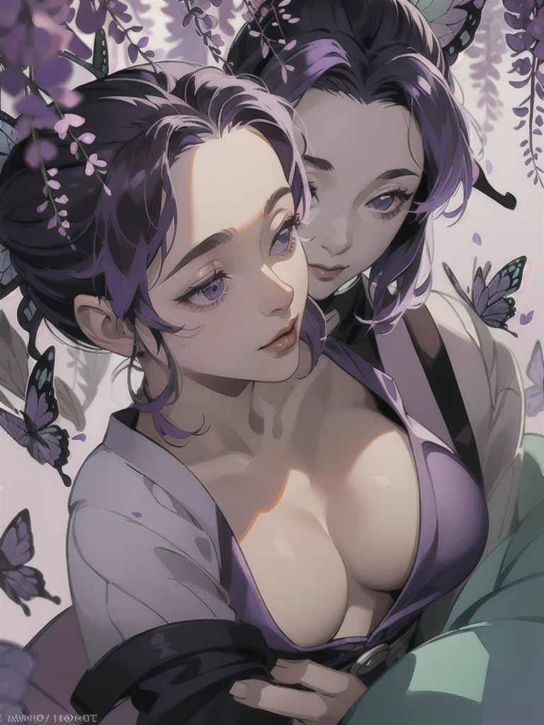 masterpiece, (purple kimono), seductive face, good lighting, décolleté, huge breasts, small details, masterpiece, glowing eyes, 1girl, purple  hair, gag, Kochou Shinobu, wisteria background, masterpiece, best quality, POV, whole body, wide hips,