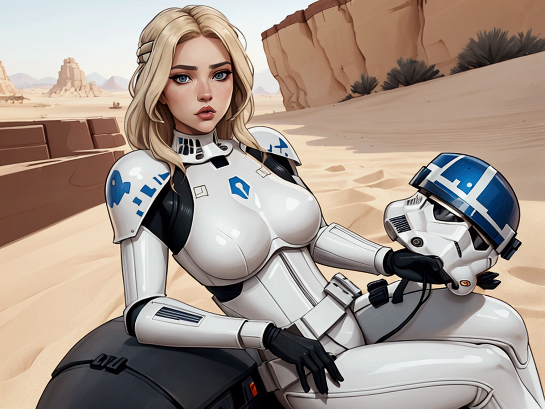 Accamary4, Accamary4, Average shot of a blonde woman, hazel eyes, imperial stormtrooper against the backdrop of the desert., Based on concept art by Magalie Villeneuve., Trends in CG society, AB """""star Wars"""": The old Republic", influenced by the conceptual art of Ralph McQuarrie. The stormtrooper has a strong and confident expression on his face., emphasizing detailed facial features, like beautiful detailed eyes, lABios detallados, and extremely detailed eyes and face.. She is dressed in the traditional white armor of a stormtrooper.., with an elegant and futuristic design.. Combining illustration elements, 3D rendering, and photography, The result is a visually impressive and immersive piece... Colors and lighting are bright and dynamic., Improve the overall atmosphere of the artwork.. Image quality is paramount, with the best quality, 4K or 8K resolution, High resolution, and a masterpiece:1.2, making it a true masterpiece in terms of quality and detail..