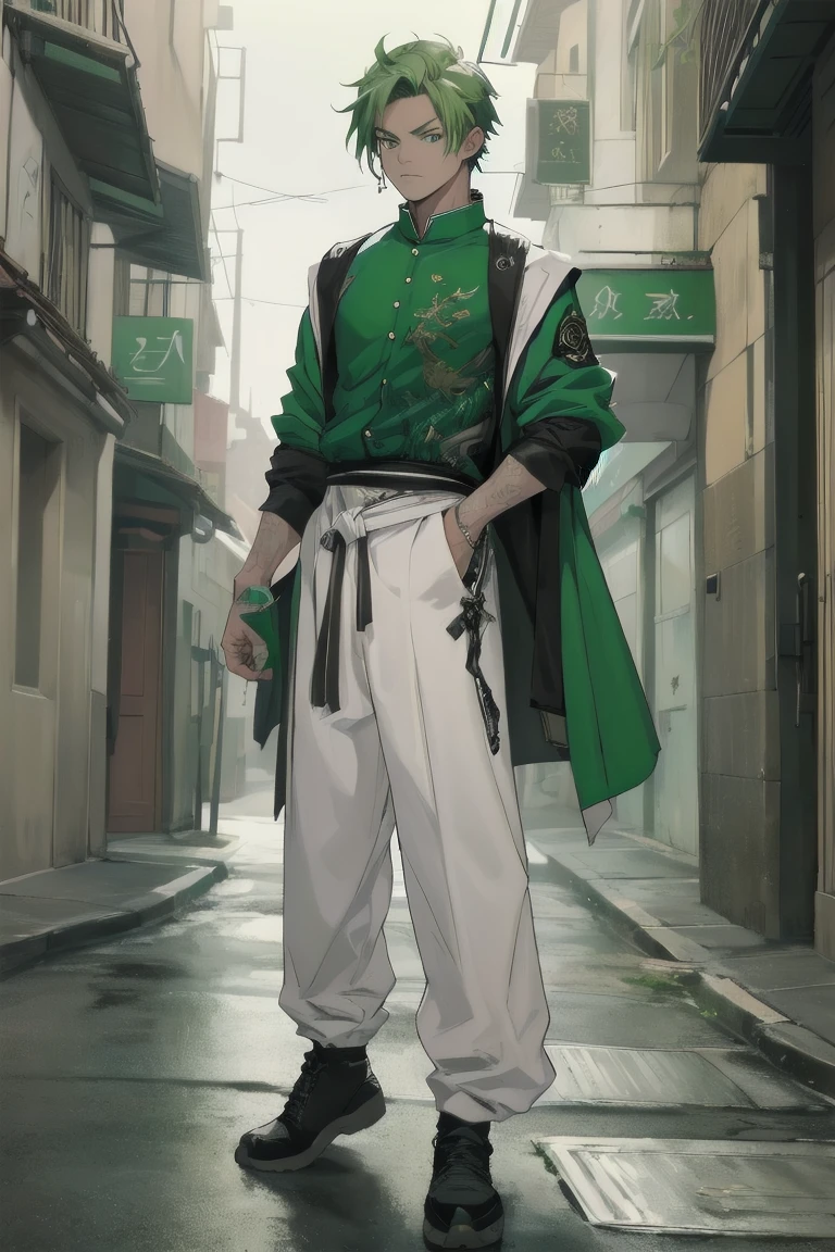 (masterpiece:1.3), (Highest quality:1.3), 8k, boy, alone, (Unique style of clothing), (((Unusual clothes))), knife, (Zoro does that.:0.5), (Air Magician), Angry face, full length, Green Hair, (short hair), ((20-year-old)), ((Street Style)), White clothes