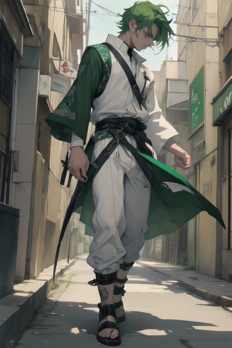 (masterpiece:1.3), (Highest quality:1.3), 8k, boy, alone, (Unique style of clothing), (((Unusual clothes))), knife, (Zoro does that.:0.5), (Air Magician), Angry face, full length, Green Hair, (short hair), ((20-year-old)), ((Street Style)), White clothes