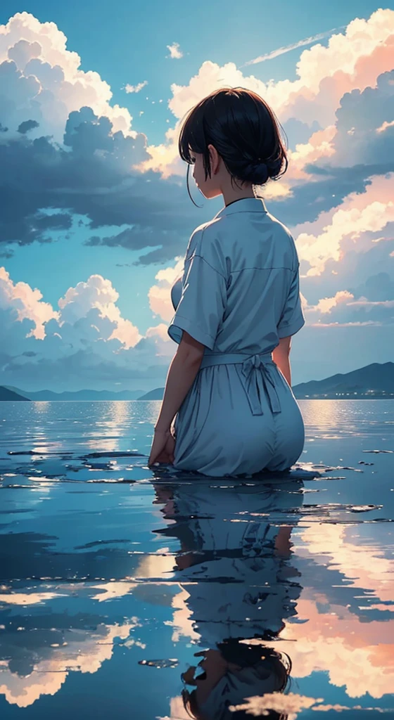 Every 雲海 carries the promise of a new dawn. Accept the outcome, Paving the way for a beautiful beginning. Nature painting.  A small woman is reflected in the photo.、Back view、Fantastic clouds、grow