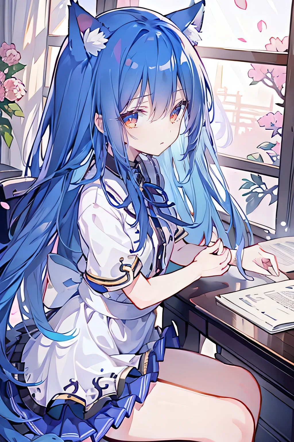 (masterpiece:1.2),Super detailed,lifelike,Expressive eyes,fair skin,perfect face shape,1 girl,
Japanese comics,Gorgeous blue hair,flowing blue hair,flowing clothes,Cat ears,Petals fall,beautiful lola,Baby Angel,
Shaking head with one hand,Cross your legs,,The pavilion is cool and comfortable,smile,back views,sunrise,Petals fall,sunrise,sitting on window sill drinking coffee and looking out the window。
