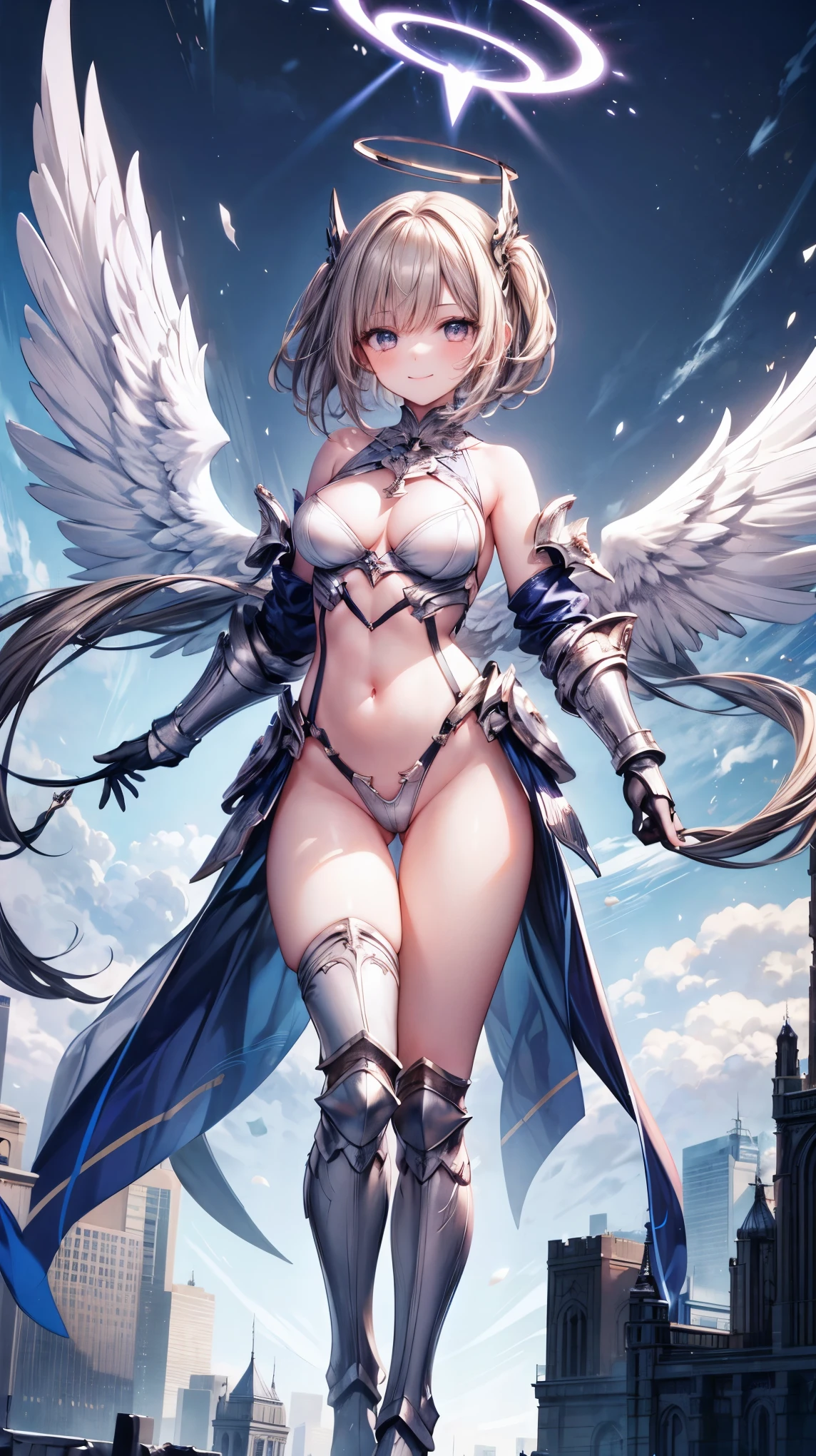 fantasy, 1angel_girl,(young_teen:1.5), ,brown_hair, medium_bob_hair, long_bangs, halo,bare_shoulder,thighhighs,silver_armor, waist_armor, large_breasts,1pair_wings, dynamic_pose_fighting,floating, bare_crotch, headgear,gauntlet, greaves,city_landscape_background,slightly_spread_legs, solo, groin_naked,smile