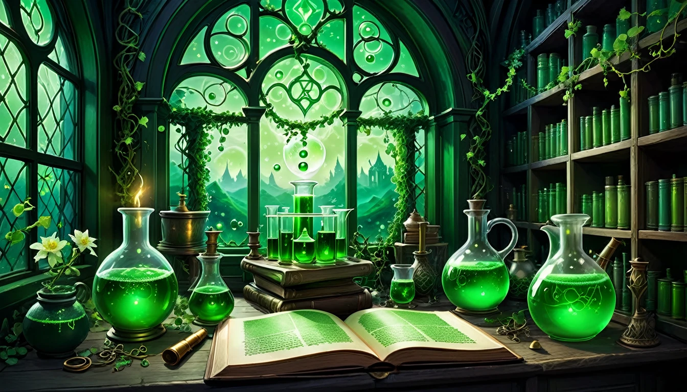 Create a sorcerer's alchemical laboratory illustration of royal green, where flasks and beakers bubble with enchanting green brews. The moonlight filters through a lattice window, illuminating a spell book open to a page of ancient runes, with creeping vines and flowers framing the dark scene. —v 6.0 —ar 2:3 —s 750
