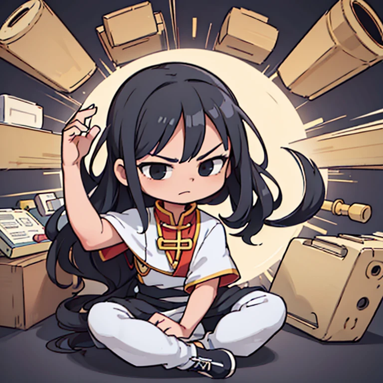 boy only、comic, chibi, cute, serious, Zen, Sit Cross-legged, Full Body,(Ancient Chinese clothes:1.2),with long black hair,Black eyes,boot, Luxury clothes,white background,simple background