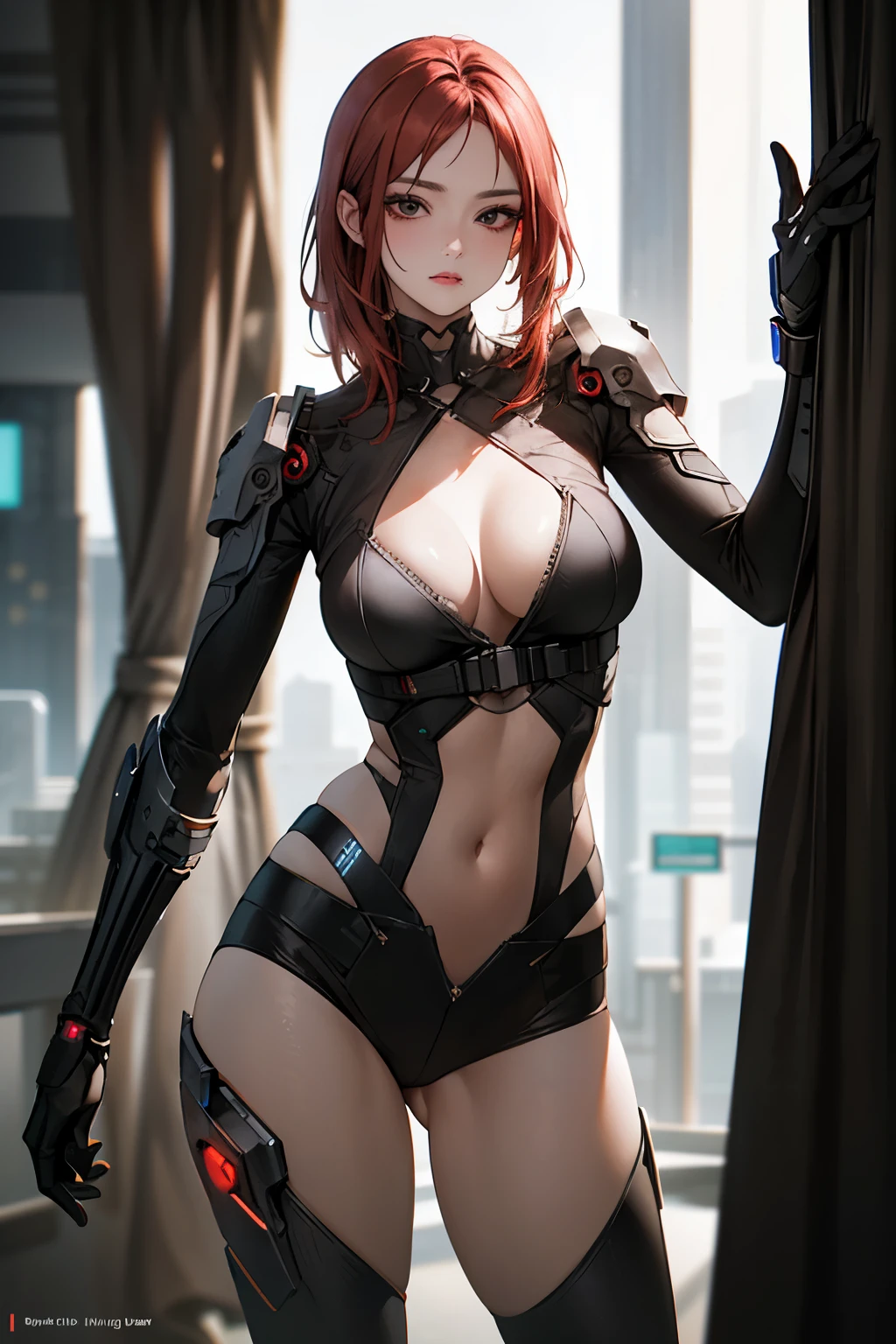 ((best quality)), ((masterpiece)), (detailed), Photorealistic, high resolution, mature woman, Image of a beautiful cyberpunk woman, เหมือนจริง, Hips up, jewelry, Curtain Bangs, red hair, black eyes, หน้าอกใหญ่, HDR (high dynamic range), After processing, Anisotropic filtration,depth of field, Maximum clarity and clarity, multi-layered surface, perfect proportions, 8K raw files, กระโปรงสั้น, natural lighting, soft lighting, sunlight, cyberpunk city, detailed anatomy, Cyber Samurai, cybog, street