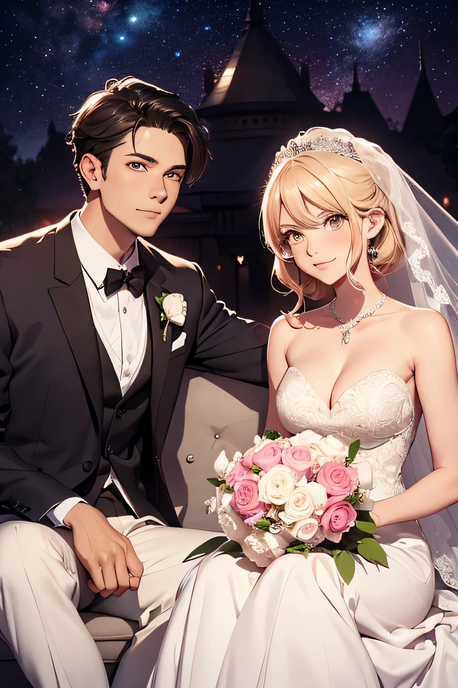 two male and female bride and groom in wedding suits sitting, in the background a heart like a gibli study, beautiful face, ((white eyes)), pose sexy, red moon in the background, stars, space, (light room:1.13), luz outfit, (Natural skin texture:1.2), (hyperrealism:1.2), sharp focus, in focus,[[realist]], that has a sign welcoming us to our 1st year of marriage