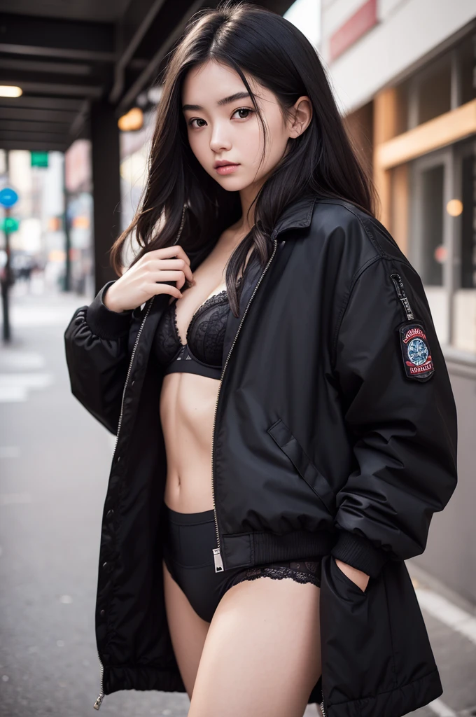 photograph of a 20 year old woman, face perfect, oGood de arte, Good, Underwear, blackw_Good, jaket, blackw_knickers
