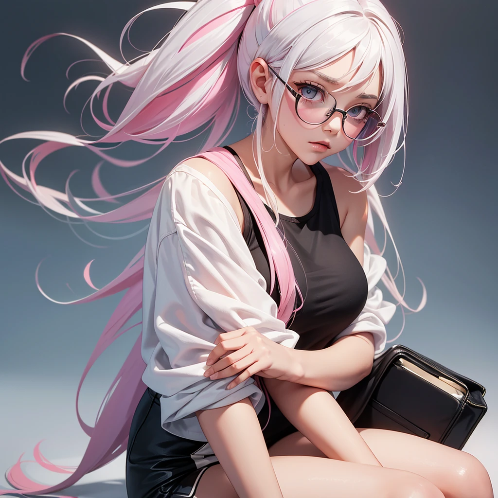 Photograph of the upper body of a beautiful woman, , [see through](white shirt:1.47),(pink skirt:1.47),(pink jacket:1.47) big breasts, (small waist, perfect body), earring, Sharp focus, (tall body, mature woman), ((Looking ahead)), (Highly detailed skin, hair follicles:1.4,white skin) (long white hair,purple eyes) wear glasses