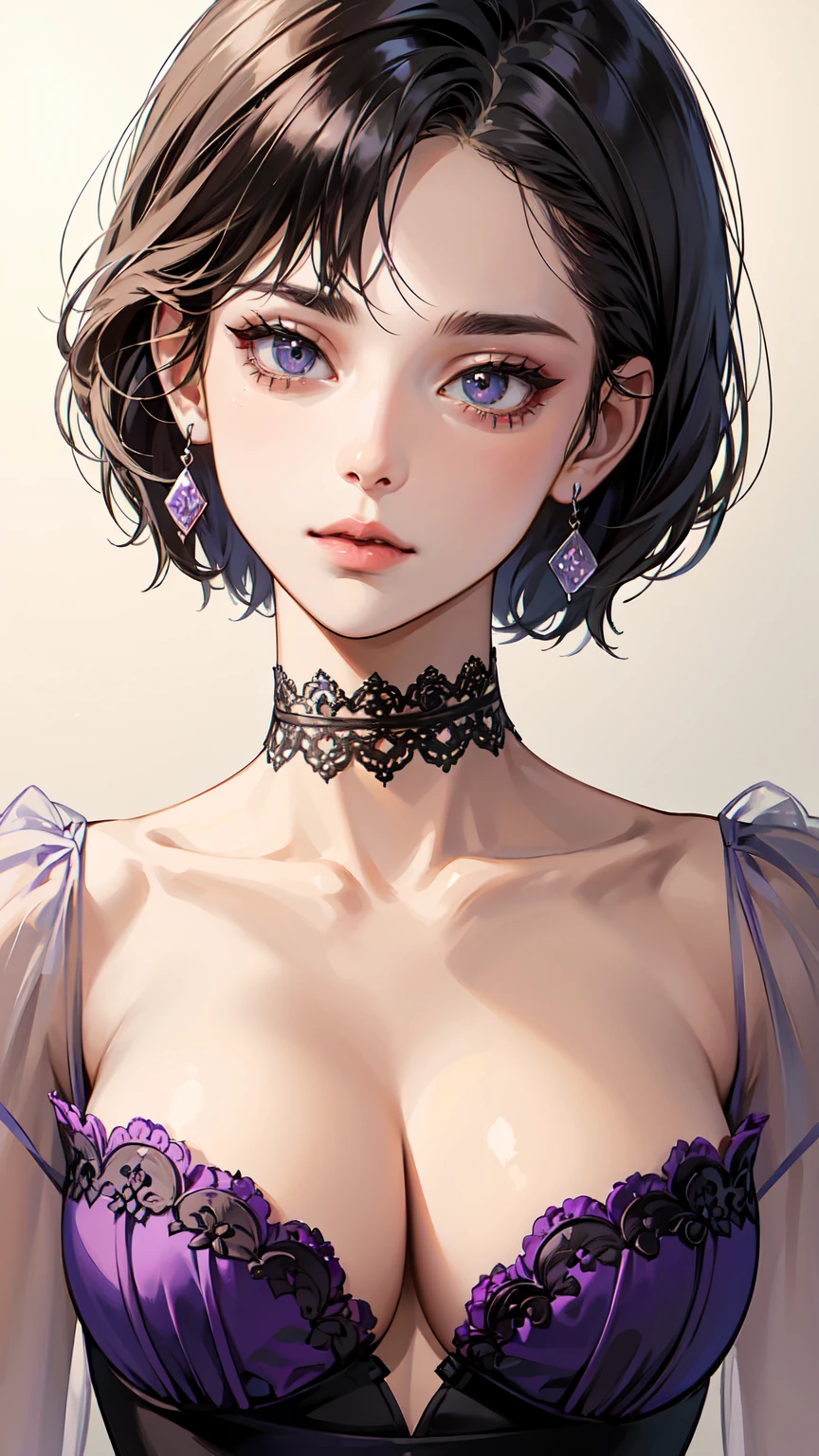 (extremely delicate and beautiful:1.2), 8k, (masterpiece:1.0), (best_quality:1.0), 1girl, solo, young woman, complex details, enlarged textures, complex details, finely detailed eyes and detailed face, intricate details, (cleavage), modern clothes, (closed mouth), perfect eyes purple, equal eyes, eyelashes, earrings, choker, jewelry, short hair black and purple