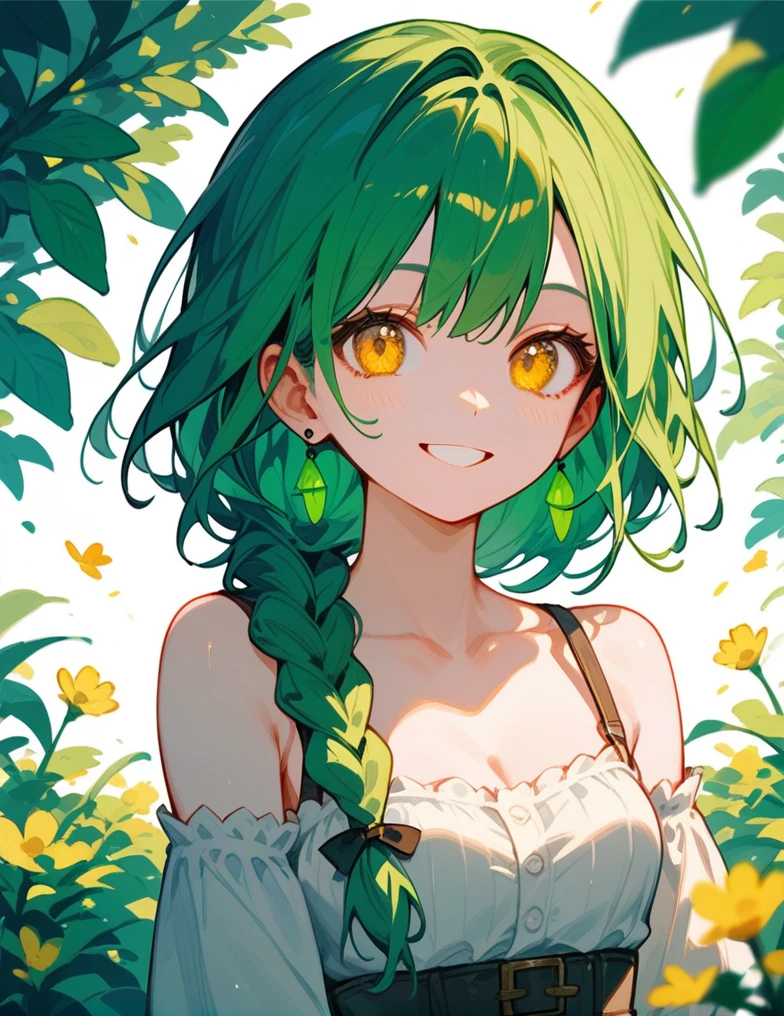 score_9_up,score_8_up,1girl, yellow eyes, twin braid, green hair, smile