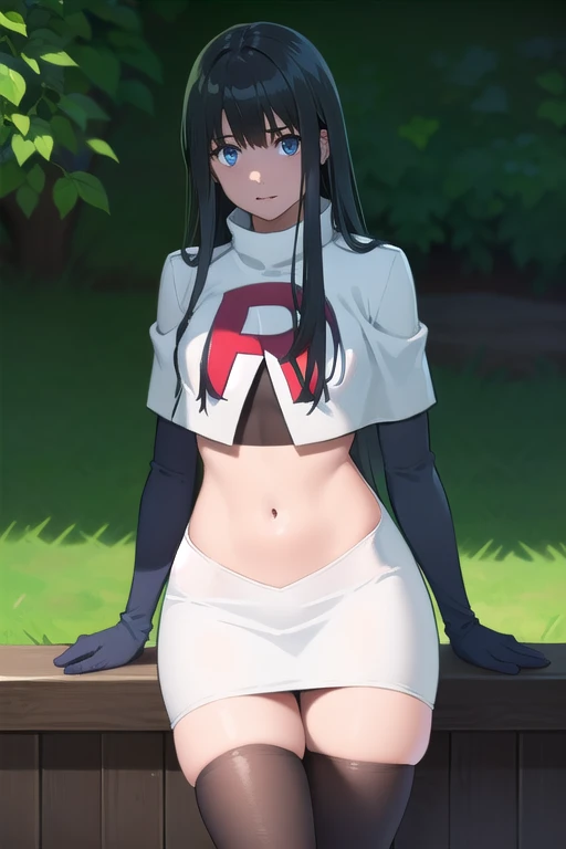 photorealistic, (4k), depth of field, (Masterpiece), (realistic skin texture), extremely detailed, intricate, hyper detailed, professional photography, bokeh, high resolution, sharp detail, best quality, girl, long hair, black hair, bangs, blue eyes, , team rocket,team rocket uniform,white skirt,red letter R,crop top,black thigh-highs,black elbow gloves