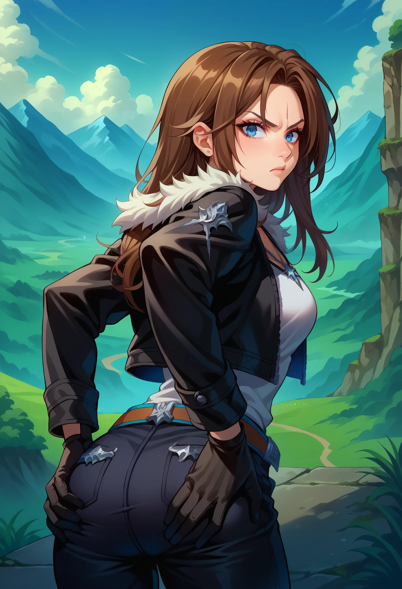 score_9, score_8_up, score_7_up, 1girl, solo, (female:1.5),female focus, female body, squall, necklace, brown hair, long hair, gloves, white shirt, blue eyes, shirt, black gloves, jacket, black jacket, fur trim jacket, black pants, belt,breasts, scar, diagonal scar, scar on face, parted bangs, angry, hands on ass, hands own ass, standing, landscape, (from behind:1.2)