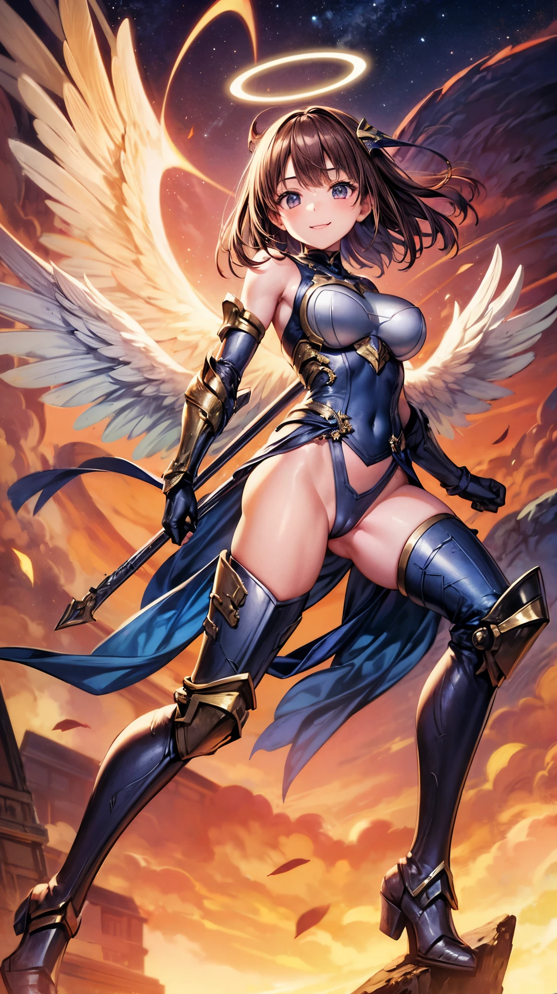 fantasy, 1angel_girl,(young_:1.5), ,brown_hair, medium_bob_hair, long_bangs, halo,bare_shoulder,thighhighs,silver_armor, waist_armor, large_breasts,1pair_wings, dynamic_pose_fighting,floating, bare_crotch, headgear,gauntlet, greaves,city_landscape_background,slightly_spread_legs, solo, groin_naked,smile