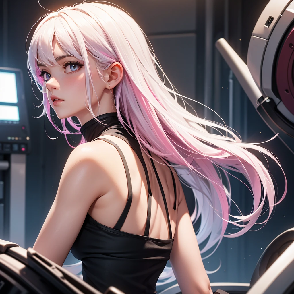 foreground, alone, beautiful girl with white hair with pink highlights and is dressed in a black tank top