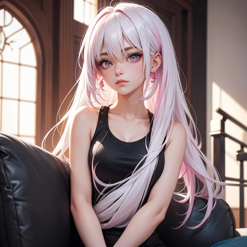 foreground, alone, beautiful girl with white hair with pink highlights and is dressed in a black tank top