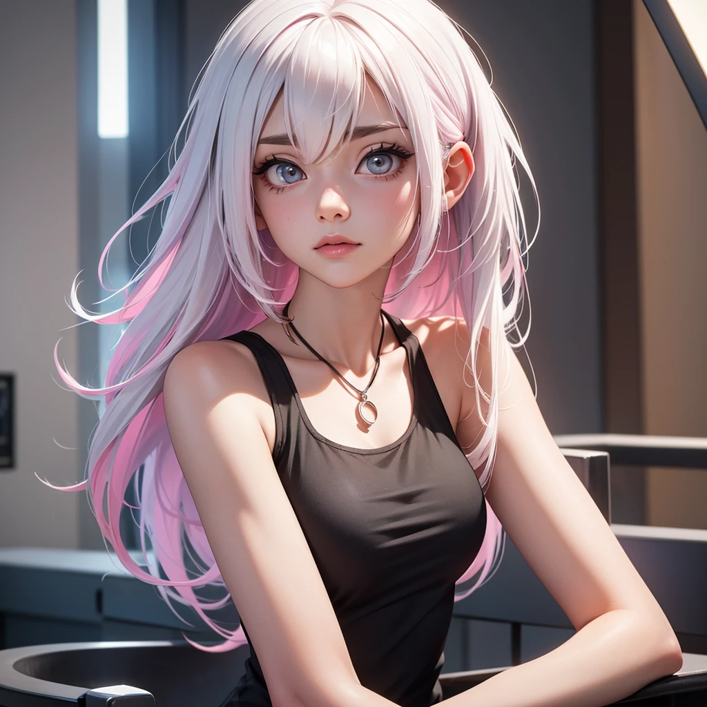 foreground, alone, beautiful girl with white hair with pink highlights and is dressed in a black tank top
