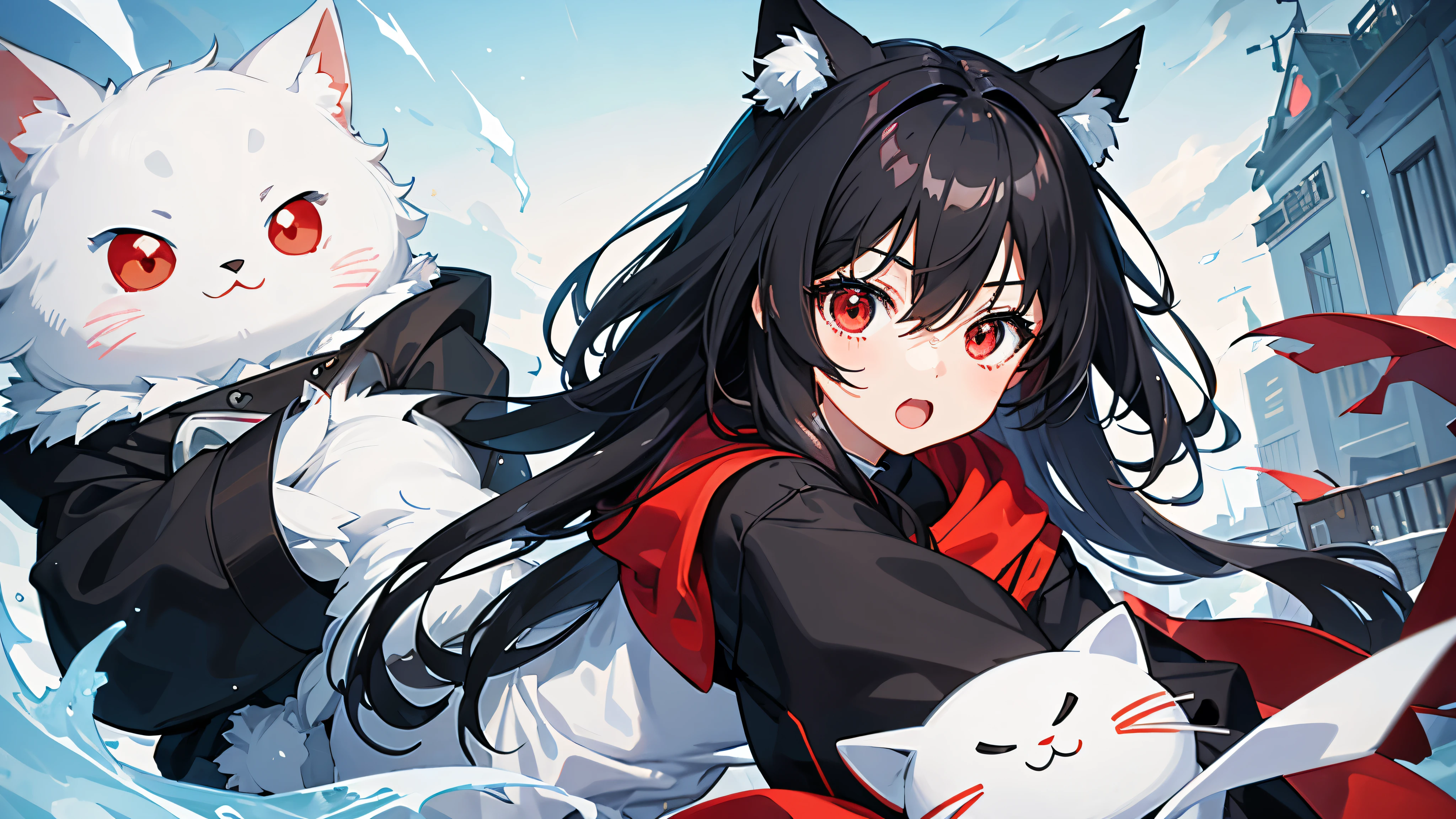 Create an anime-style illustration of a cute character with black hair and red eyes。The character is wearing a black hood、She is holding a grey, mackerel and white cat plush toy.、The overall feel is playful.。The facial expression shows surprise and joy.、It emphasizes the overall cute and lively atmosphere.。