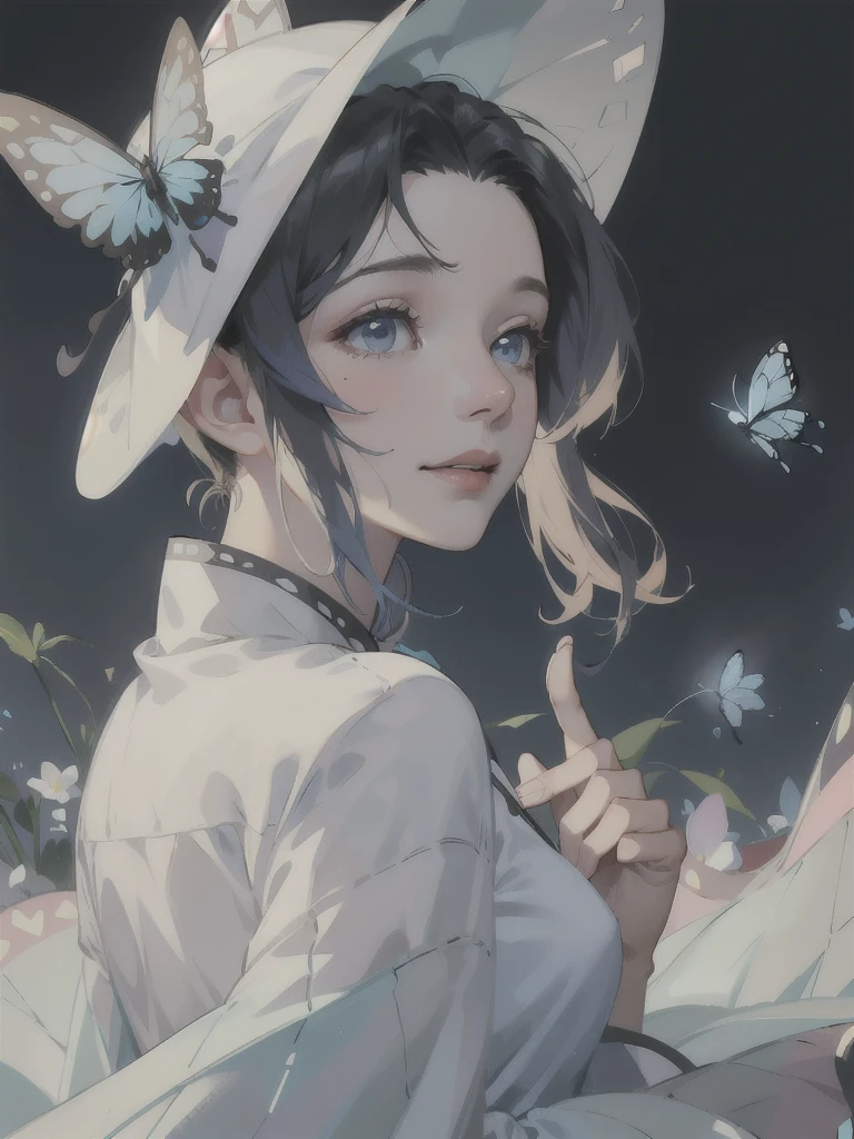 , 8k, sunny day, floral, happy, smiling, beautiful hat, ((light blue eyes)) embroidery, enchanted, fireflies, , white-dress, day, beautiful aesthetic dress, sweet looking, midjourney, close-up, niji, 1,