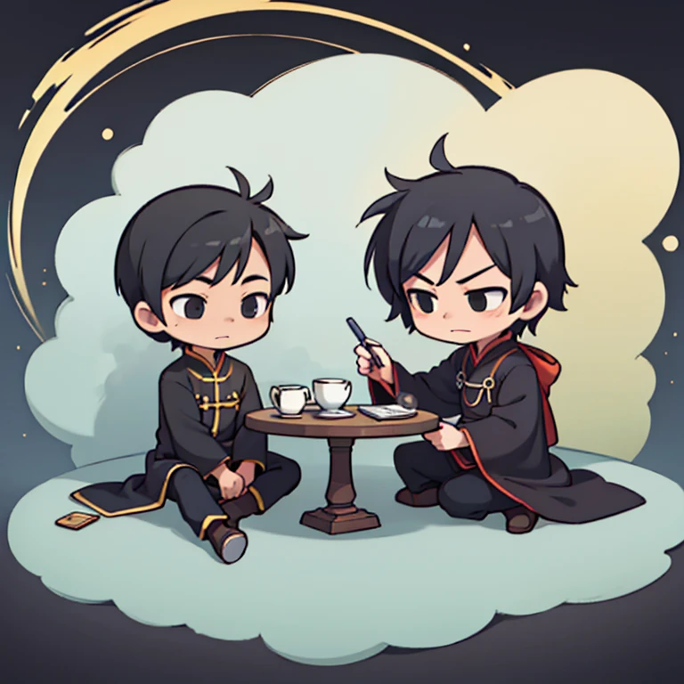 boy only、comic, chibi, cute, serious, Sit Cross-legged, Zen, Full Body,(Ancient Chinese clothes:1.2),with long black hair,Black eyes,boot, Luxury clothes, Black Antique Robe,white background