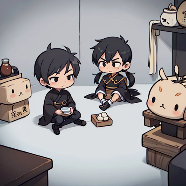 boy only、comic, chibi, cute, serious, Sit Cross-legged, Zen, Full Body,(Ancient Chinese clothes:1.2),with long black hair,Black eyes,boot, Luxury clothes, Black Antique Robe,white background