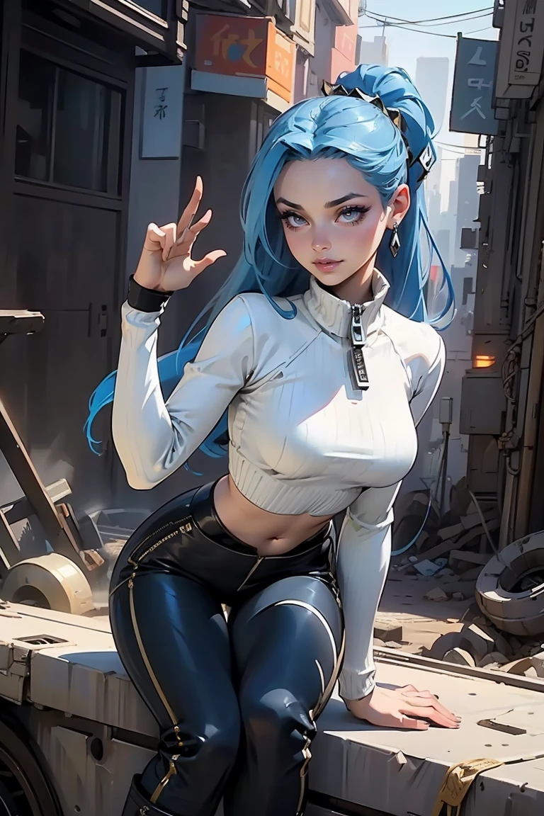 Goddess ((goddess-like woman)), slim elegant silhouette, masterpiece, (close angle), best quality, pale skin, fair skin, sweet face, (masterpiece:1,2, best quality), (real picture, intricate details), (1 lady , solo, medium , slim waistline, ), ((Jinx/LOL)), a woman long blue hair, brown eyes, holds the weapon epically, she has an impressive presence., beautiful face, beautiful eyes, Side Pose, Side View, She is wearing a zipper Cropped sweater, hip-high pants and over-the-knee boots, sweet smile, thigh gap, sweet irresistible smile, elegant pose, elegant hands, beautiful hands, perfect fingers, background: post-apocalypse, burning city, epic shot