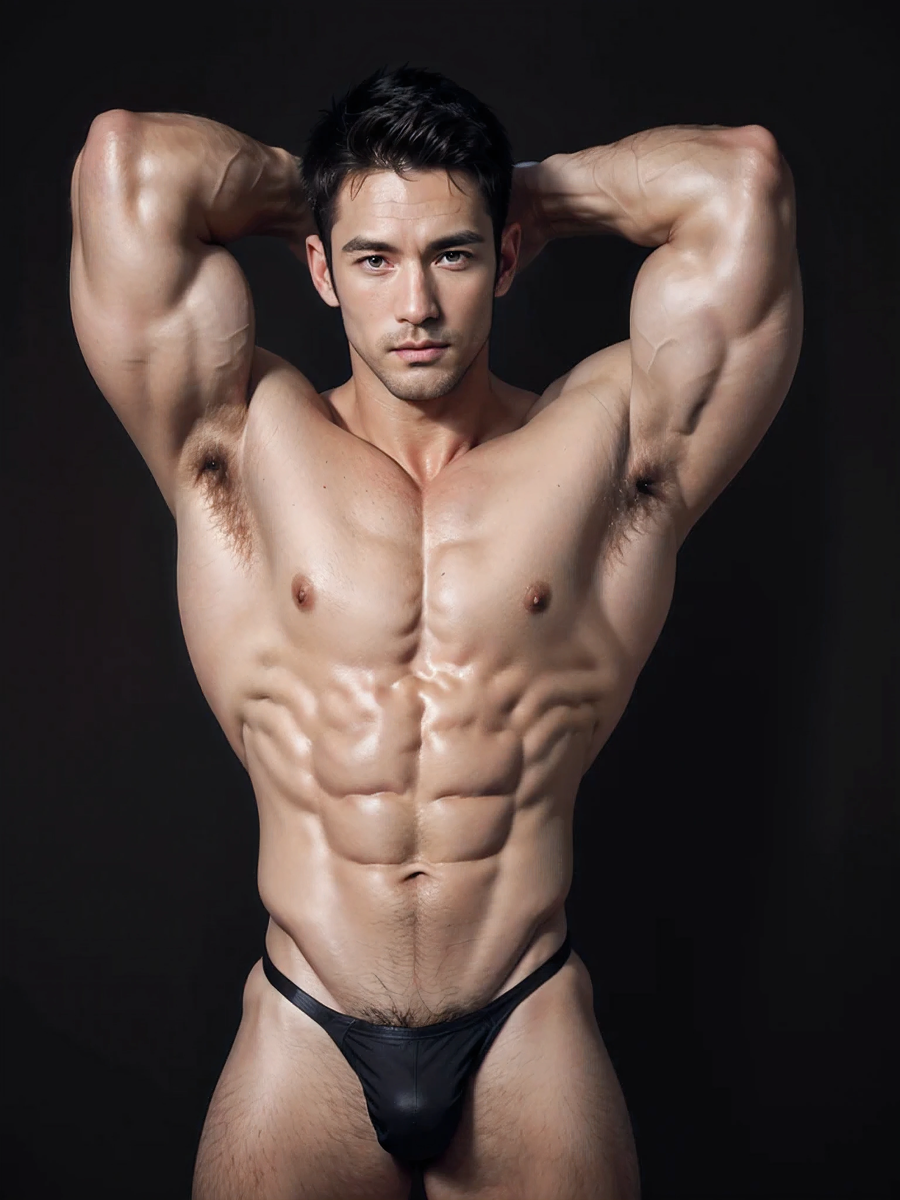 (((short hair))),Short hair,one(((40 years old handsome muscular bodybuilder with stubble))), very handsome, Perfect facial features, No clothes, Armpit Hair, Pure black background, Fit body, Perfect composition, beard,Bodybuilding Champion,No chest hair,Smooth pectoralis major,(((Thong))),, Provocative, natural color,muscular,, Ultra-high quality, XT3, Crystal clear, 8千 ultra high definition, High Detail, Ultra-realistic photos, (Realistic skin), ((pores)), ((High Detail skin)), Volumetric Light, groin, Far, Complex 3D Visualization, High Detail,Real human skin ((Correct body structure)), (((Correct anatomy))),(((Forced noise reduction)))