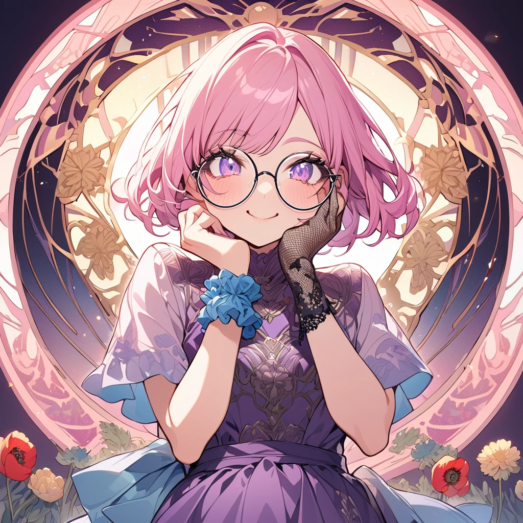 Hiori Light Art, Backlight, Pink Theme, (Art Nouveau:1.2), (Background of Meandros:1.2), pastel colour, One girl, alone, Portraiture, Pink Hair、Round Glasses、Short Bob，birthday whole cake, Striped Hair, 彼女はbirthday whole cakeが乗った皿を持っている, (Long eyelashes:1.2), Light purple eyes, Round Glasses，Long eyelashes, Silk dress, Purple Dress, blue embroidery, Short sleeve, Birthday mood、Lace gloves, Wrist scrunchies,  (Emphasis on high-quality fabrics, embroidery:1.2 ), close, (;q:1.1), Open both eyes，Conceit,, Put your hand on your cheek, head_Tilt, (Emphasis on high-quality fabrics, embroidery:1.2), bloom, Shine, Perfect lighting, masterpiece, Highest quality, Incredibly absurd, Super detailed, reflection, chrysanthemum, Poppy, peony