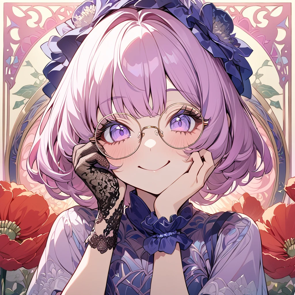 Hiori Light Art, Backlight, Pink Theme, (Art Nouveau:1.2), (Background of Meandros:1.2), pastel colour, One girl, alone, Portraiture, Pink Hair、Round Glasses、Short Bob,birthday whole cake, Striped Hair, 彼女はbirthday whole cakeが乗った皿を持っている, (Long eyelashes:1.2), Light purple eyes, Round Glasses,Long eyelashes, Silk dress, Purple Dress, blue embroidery, Short sleeve, Birthday mood、Lace gloves, Wrist scrunchies, (Emphasis on high-quality fabrics, embroidery:1.2 ), close, (;q:1.1), Open both eyes,Conceit,, Put your hand on your cheek, head_Tilt, (Emphasis on high-quality fabrics, embroidery:1.2), bloom, Shine, Perfect lighting, masterpiece, Highest quality, Incredibly absurd, Super detailed, reflection, chrysanthemum, Poppy, peony