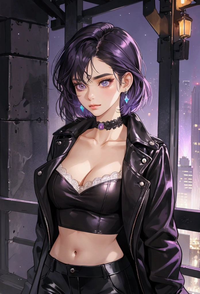 (extremely delicate and beautiful:1.2), 8k, (masterpiece:1.0), (best_quality:1.0), 1girl, solo, young woman, complex details, enlarged textures, complex details, finely detailed eyes and detailed face, intricate details, (cleavage), modern clothes, (closed mouth), perfect eyes purple, equal eyes, eyelashes, earrings, choker, jewelry, short hair black and purple, fitted crop top, black leather jacket, high-waisted pants, modern city background, tall buildings, vibrant atmosphere