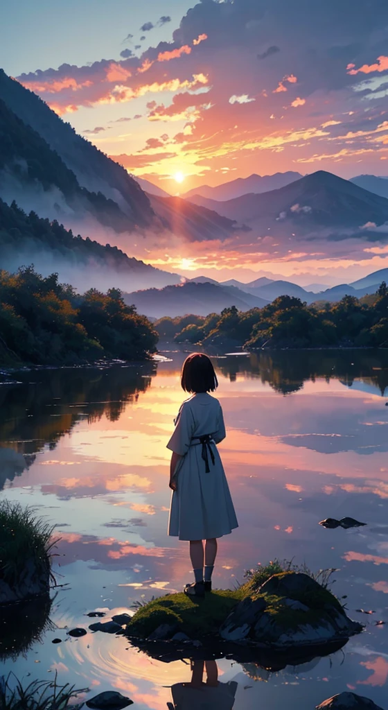 Every 朝日 carries the promise of a new dawn. Accept the outcome, Paving the way for a beautiful beginning. Nature painting. cloudy, sunset, A small woman is reflected in the photo.、Back view、Fantastic scenery、Surrounded by mountains