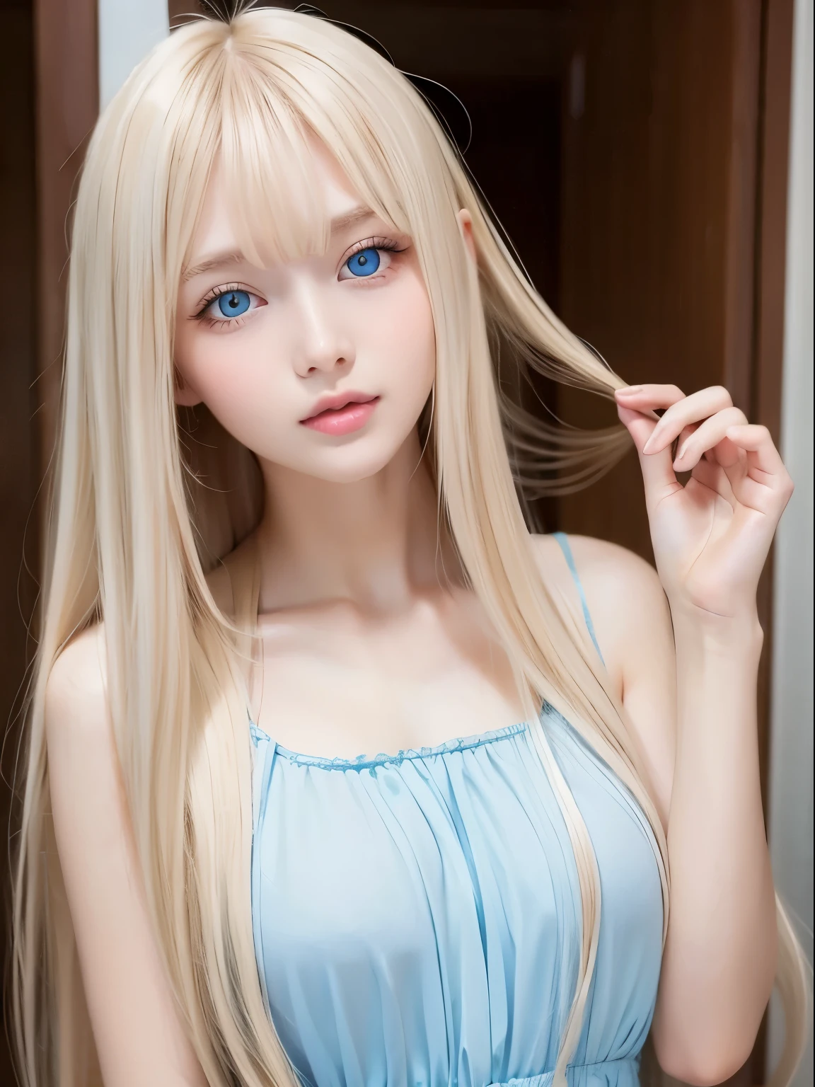 Sexy and very beautiful shiny cute face、shining beautiful skin、White and beautiful skin、beautiful cute sexy shiny beautiful pale sky blue eyes, Beautiful and very long soft blonde hair、Shaking bangs are sexy、18 years old cute little face beautiful girl、