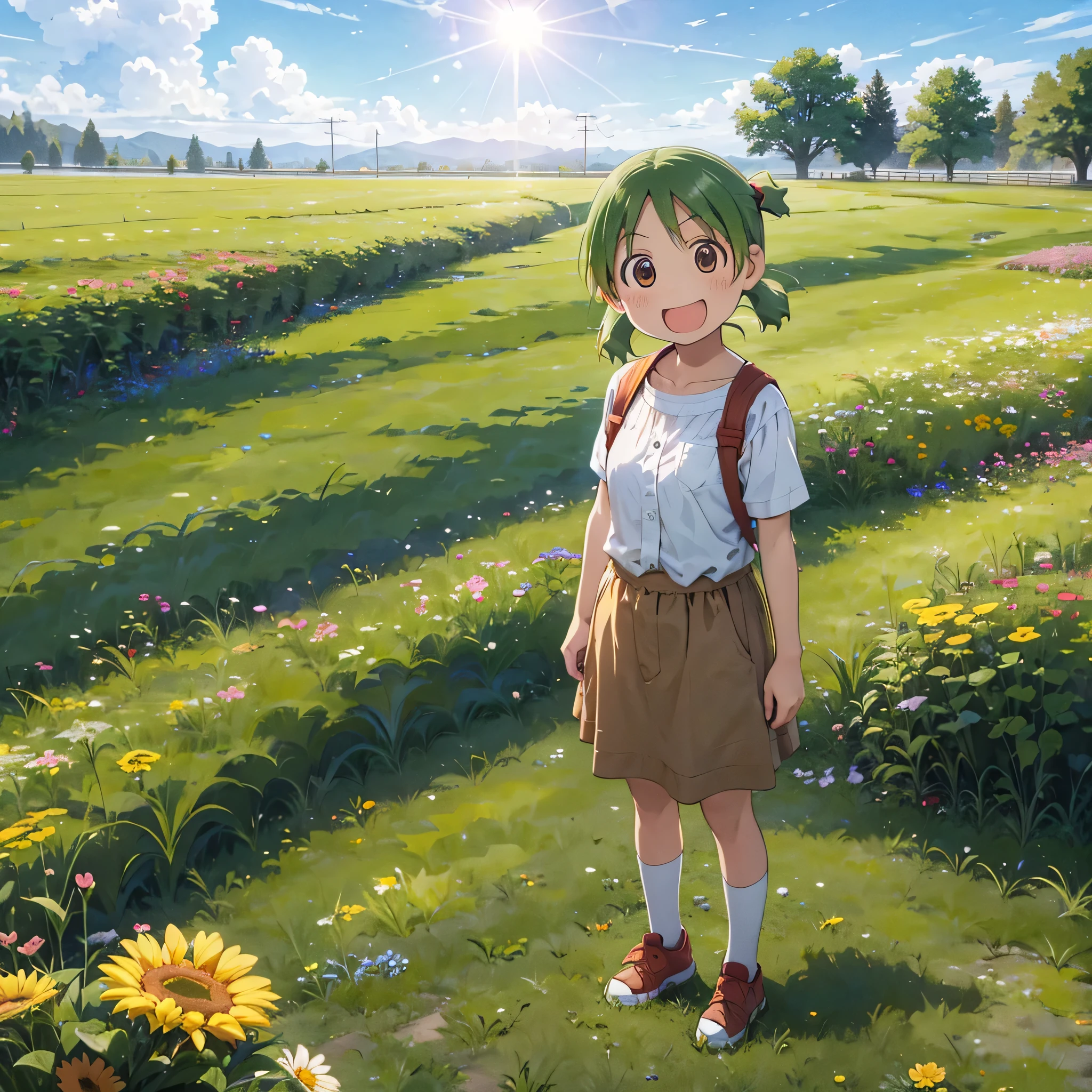 Yotsuba Koiwai, standing in outdoor field setting, full body, (joyful expression:1.2), detailed, colorful, sunlight, clear sky, green grass, flowers, beautiful background, best quality, HD