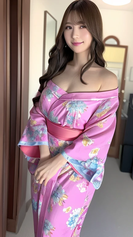 (Cowboy Shot、Highest quality、8k、Award-winning works、Ultra-high resolution)、One beautiful woman、((She is wearing a sexy yukata.)),(blonde:1.1)、Bright color contacts、Perfect Makeup、Bright and shiny lipstick、(Very heavy makeup:1.2)、(Deep pink around the eyes:1.1)、Beautiful bright eyeshadow、Heavy makeup around the eyes、(Huge breasts:1.2)、very long wavy hair、(Romantic affection:1.1)、The best smile he had when he saw me、(Many of them emphasize the body line..:1.1)、(Strongly blurred vibrant Harajuku city background:1.1)、(Strongly blurred background:1.1)、Accurate anatomy、Ultra HD Hair、(Ultra-high resolutionの完璧な美しい歯:1.1)、Ultra-high definition beauty face、Ultra HD Hair、Ultra HD Shining Eyes、輝くUltra-high resolutionの美肌、Ultra-high resolutionの艶やかな唇