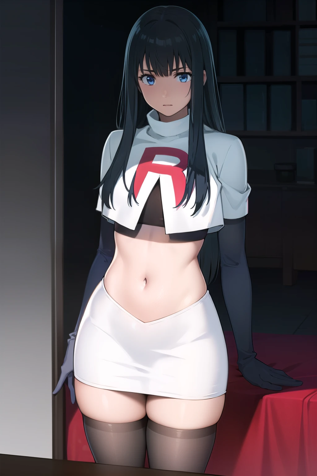 photorealistic, (4k), depth of field, (Masterpiece), (realistic skin texture), extremely detailed, intricate, hyper detailed, professional photography, bokeh, high resolution, sharp detail, best quality, girl, long hair, black hair, bangs, blue eyes, , team rocket,team rocket uniform,white skirt,red letter R,crop top,black thigh-highs,black elbow gloves