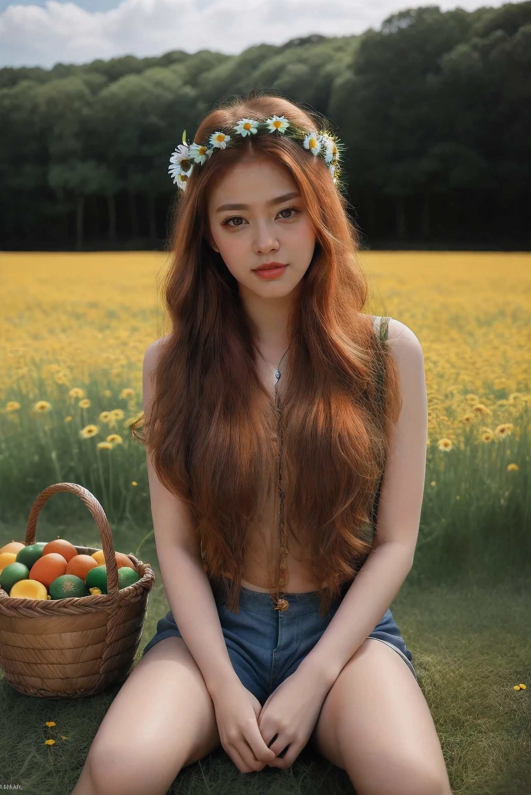 (girl:1.2),alone, (long ginger curly hair:1.1), brown eyes, Wearing a daisy wreath on your head, Sit in a daisy field, (fruit basket:1.1), blue shorts, red shirt,,raw,photographic,photo shadows,actual,Ridiculous,Aesthetic,elegant
