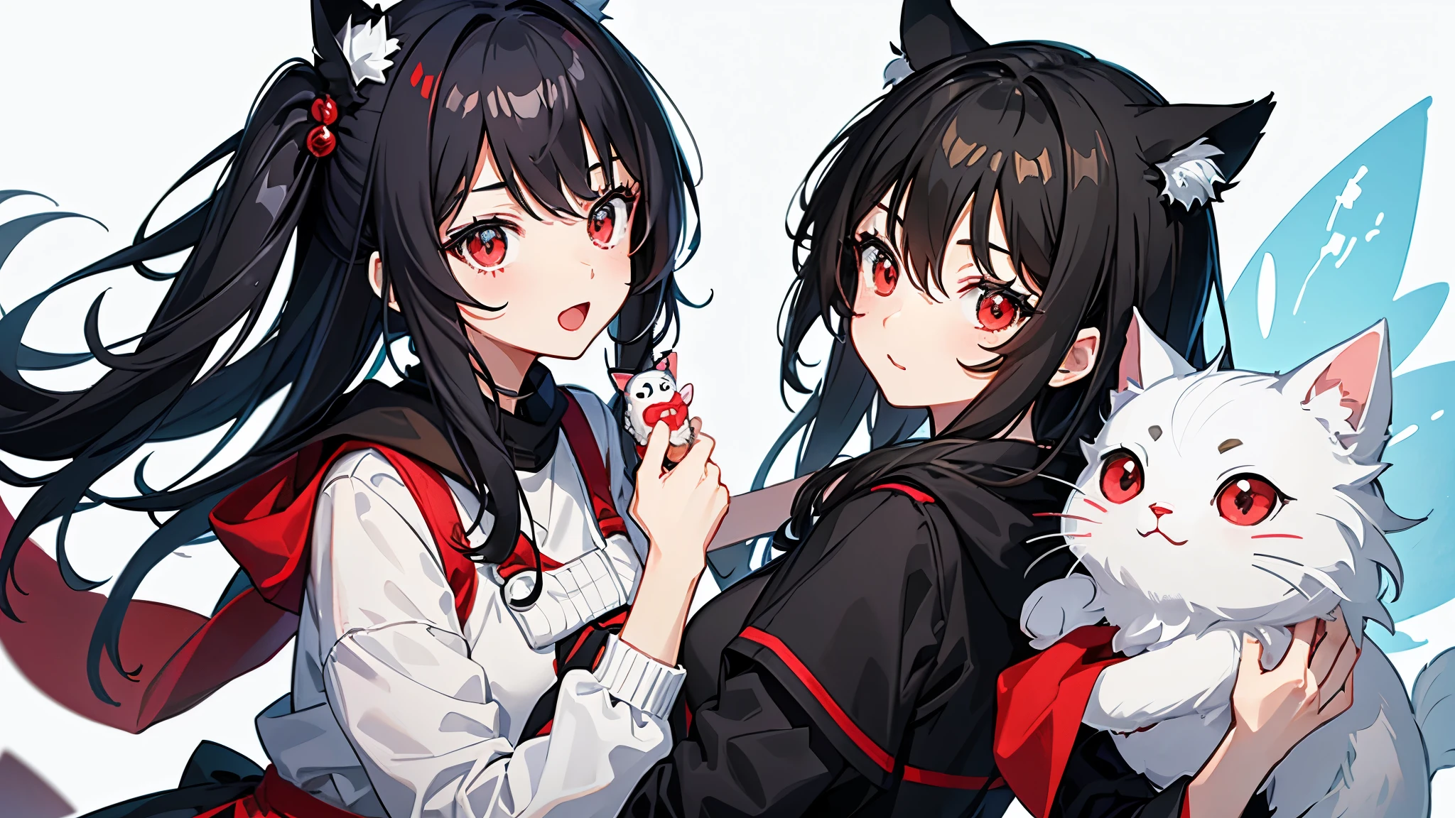 Create an anime-style illustration of a cute character with black hair and red eyes。The character is wearing a black hood、She is holding a grey, mackerel and white cat plush toy.、The overall feel is playful.。The facial expression shows surprise and joy.、It emphasizes the overall cute and lively atmosphere.。