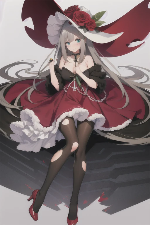 lexington \(warship girls r\),((Best quality))),((Ultra-detailed)),((illustration)),((Disheveled hair)),((frilld)),(1 girl),(Solo), 1girl, flower, fur trim, gradient, gradient background, grey background, hat, hat flower, long hair, pantyhose, red flower, red rose, rose, solo, torn clothes, torn dress, torn legwear, legwear, gray hair