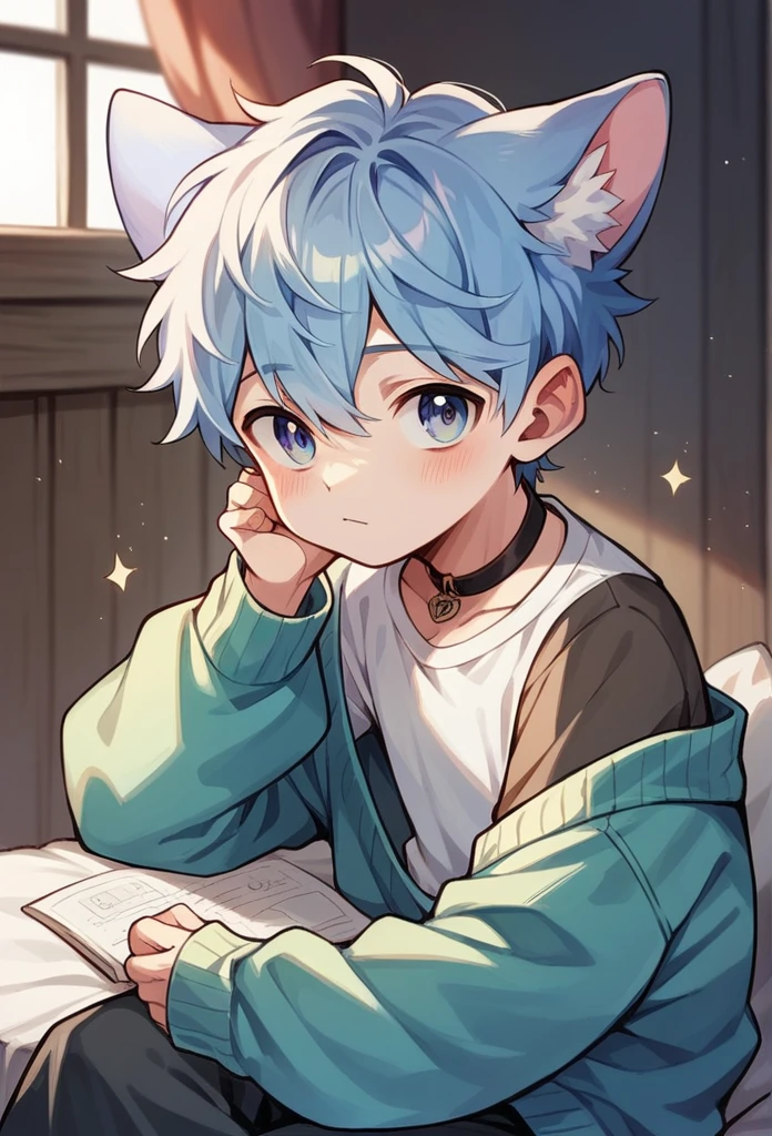 An 11-year-old boy was sitting happily. He had short lilac hair and a cute face.. His lilac eyes saw everything Animal ears cat