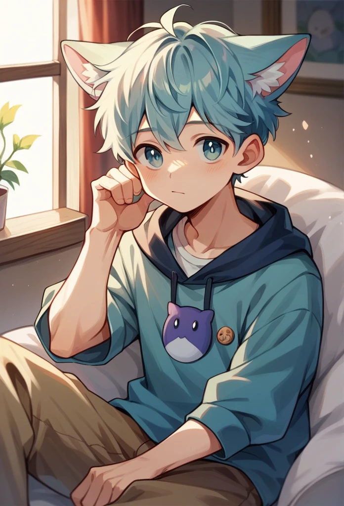 An -yeld boas sitting happily. He had short lilac hair and a cute face.. His lilac eyes saw everything Animal ears cat