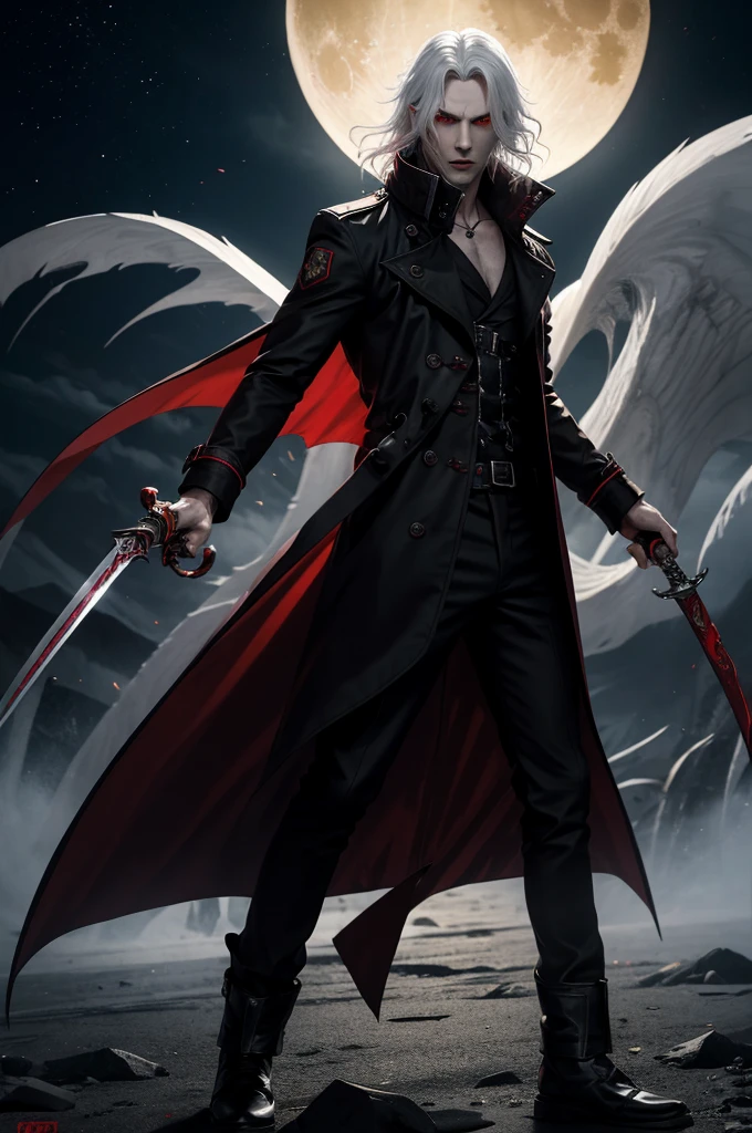 vampire man red eyes half wavy white hair black trench coat long sharp claws showing fangs full body full moon yellow color long sword black color damaged clothing family seal from head to toe combat pose fog around 4k torn worn trench coat