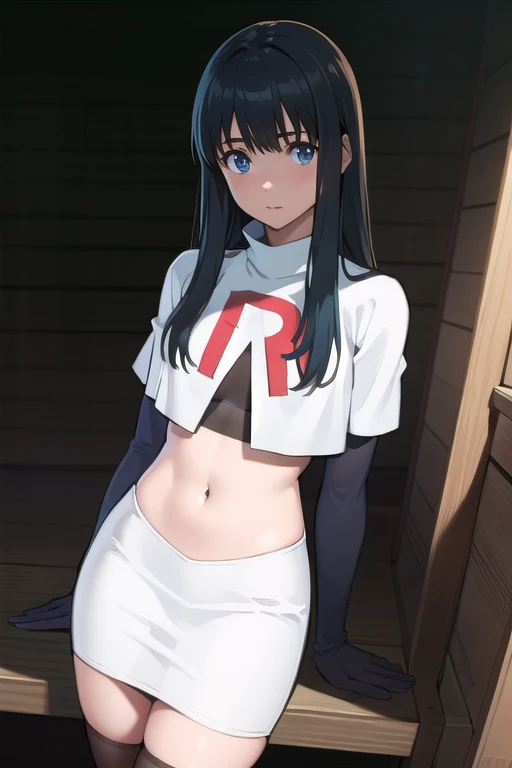 photorealistic, (4k), depth of field, (Masterpiece), (realistic skin texture), extremely detailed, intricate, hyper detailed, professional photography, bokeh, high resolution, sharp detail, best quality, girl, long hair, black hair, bangs, blue eyes, , team rocket,team rocket uniform,white skirt,red letter R,crop top,black thigh-highs,black elbow gloves